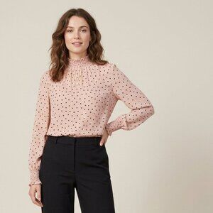 Adrianna Papell Blush Pink Polka Dot High Smocked Collar Stretchy Top